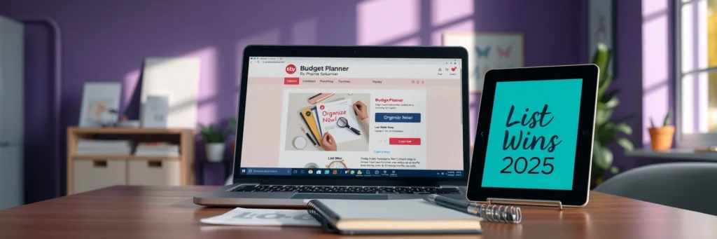 How to Make Money Online with Etsy: 22 Digital Products to Win Big! 9 Photorealistic 8K image of a laptop showing Etsy listing, tablet with Canva pin, and notebook on a desk in a purple-walled office with listing icons.