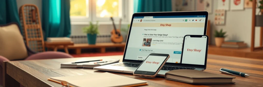 How to Make Money Online with Etsy: 22 Digital Products to Win Big! 7 Photorealistic 8K close-up of a laptop showing Etsy shop setup, smartphone with Looka logo, and notebook on a desk in a teal-curtained office with shop icons