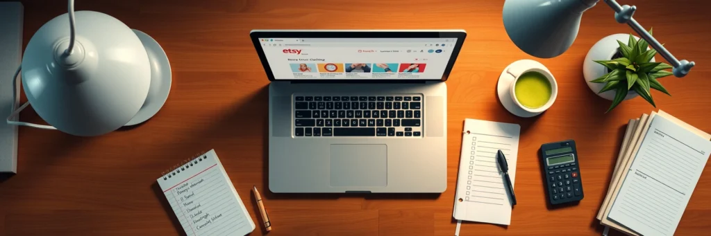 20+ Flexible Side Hustles to Make Money Online in 2025 6 Workspace with a laptop showing an Etsy shop dashboard, illustrating setup for flexible side hustles to make money online in 2025