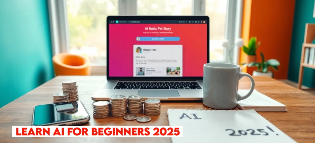 AI 101: Get Started with Zero Tech Stress in 2025 2 Photorealistic 8K image of a desk with a laptop showing ChatGPT, smartphone, silver coins, notepad, and mug, with 'Learn AI for Beginners!' on a teal-orange wall.