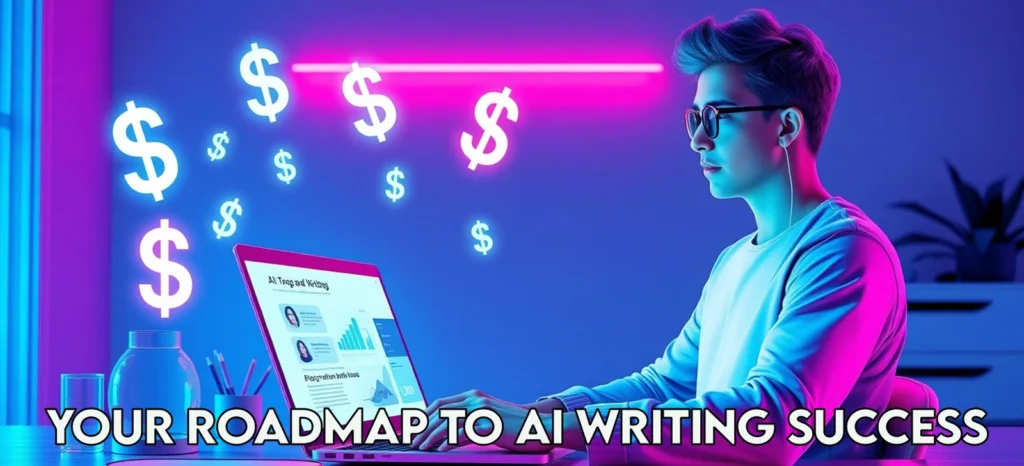 Start AI Writing Side Hustle: Amazing AI Writing is Your 2025 Money Magnet 2 Modern home office with AI writing interface on a laptop, showing blogs and listings, symbolizing a profitable 2025 side hustle.