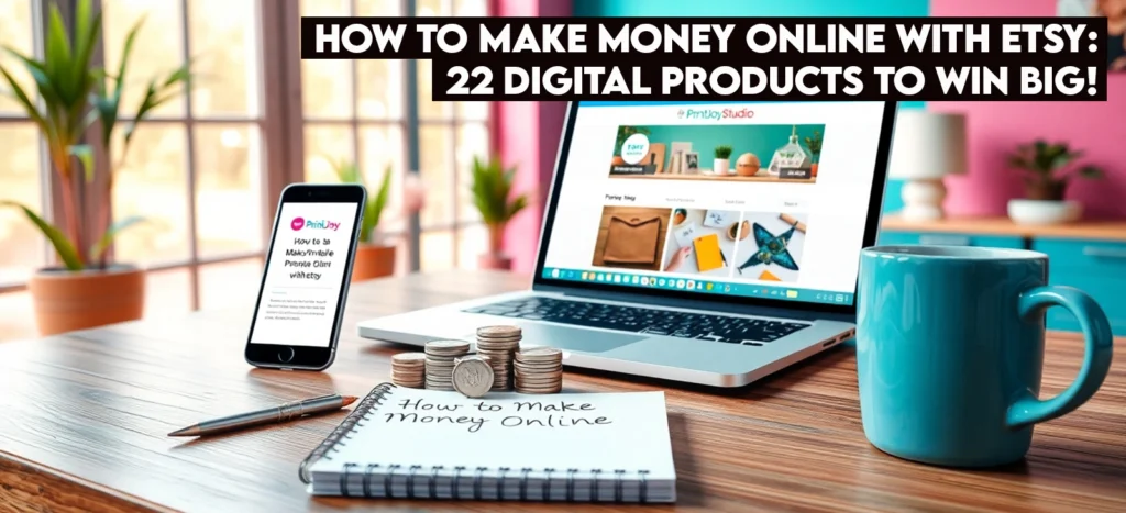How to Make Money Online with Etsy: 22 Digital Products to Win Big! 2 Photorealistic 8K image of a desk with a laptop showing Etsy shop, smartphone with Canva planner, coins, notepad, and mug, with ‘Sell Big in 2025!’ on a teal-pink wall