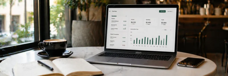 Laptop on a café table showing an income tracker for flexible side hustles
