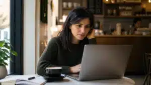 Woman in a café using a laptop and notebook to work on flexible side hustles online