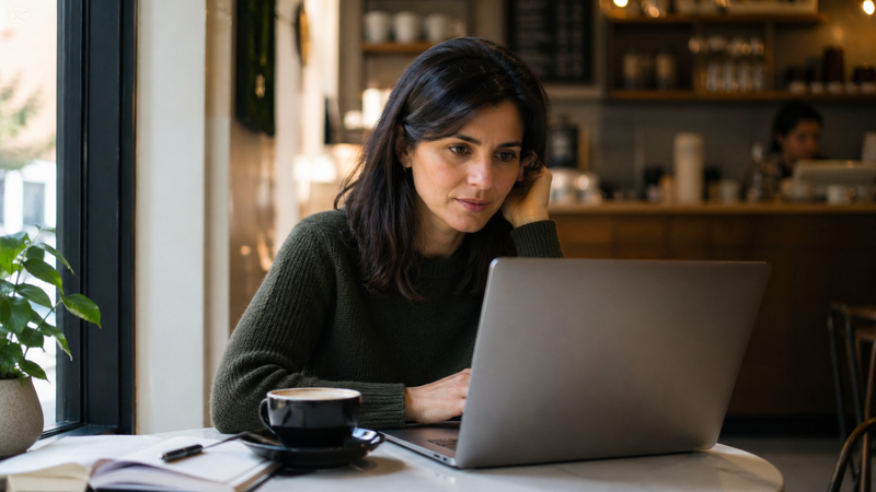 Woman in a café using a laptop and notebook to work on flexible side hustles online