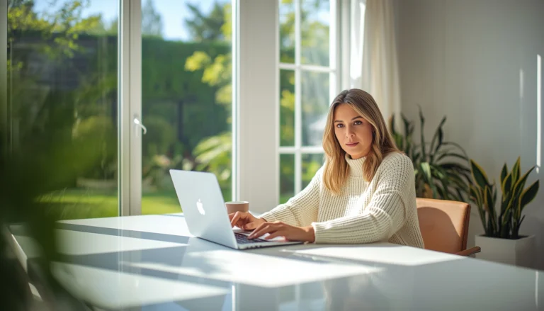 A woman working comfortably in a high-end home office, wearing a cozy knit sweater, showcasing the reality of flexible side hustles.