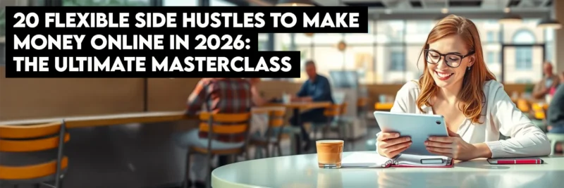 A woman sat in a cafe working on flexible side hustles and digital nomad freedom