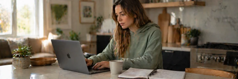 Woman at a kitchen island using a laptop for freelance writing with AI