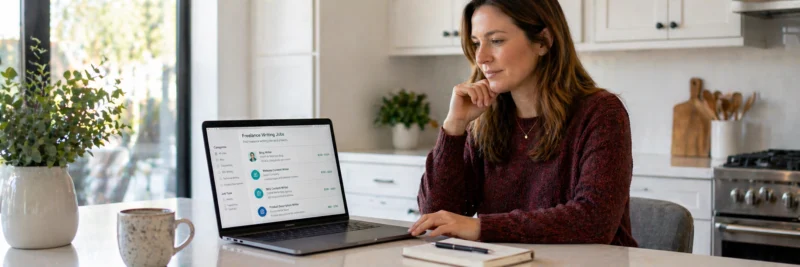 Woman at a kitchen island browsing freelance writing jobs on a laptop

