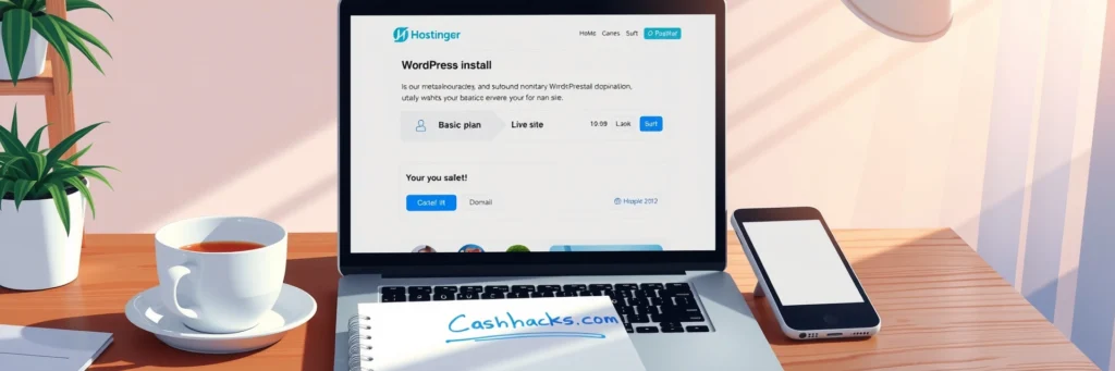 How to Start a Blog in 2025: Easy Beginner’s Guide 4 Simple workspace with a laptop displaying a Hostinger dashboard during WordPress setup for a beginner blog, a notepad listing 'cashhacks.com,' and a tea cup, ideal for setting up a blog for beginners in 2025 with top hosting