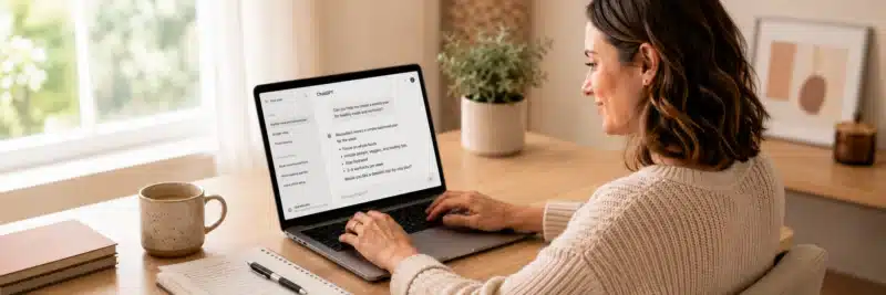 Beginner learning AI on a laptop at a home desk