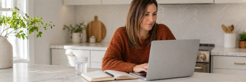 Woman at a kitchen island using a laptop to work on digital products to make money online