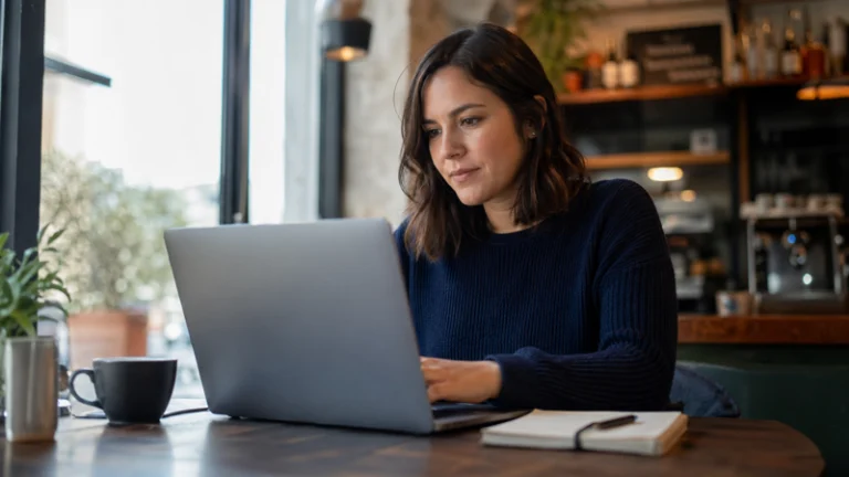 Woman in a café using a laptop and notebook to make money writing online