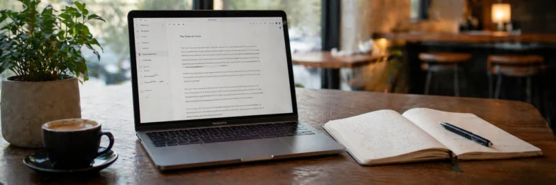 Laptop on a café table showing a writing document for making money writing online
Caption: The easiest way to start is with small writing jobs that help you build samples and confidence.
