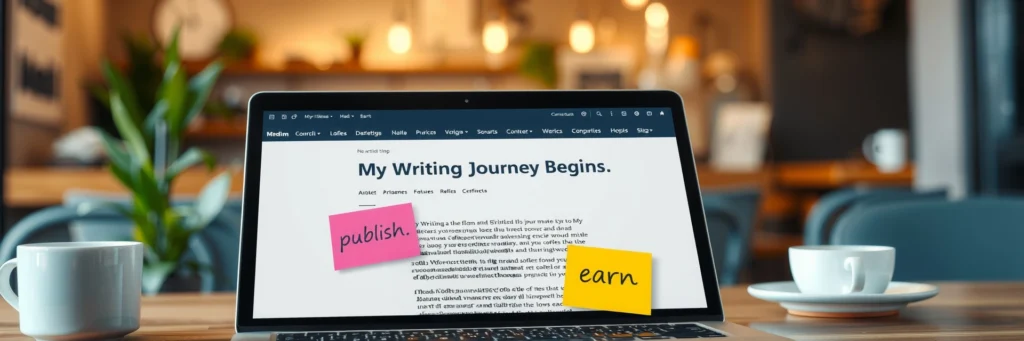 Make Money Writing Online: 10 Websites That Pay You To Write 3 Laptop showing a Medium article draft with post-it notes, perfect for earning cash writing online.
