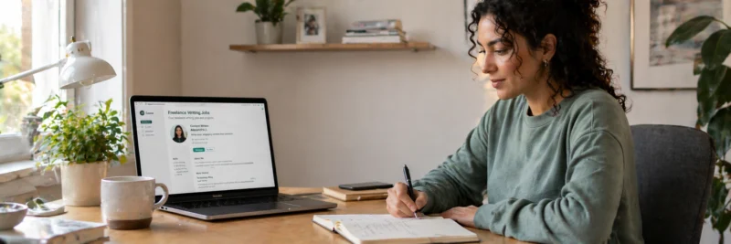 Woman at a desk setting up a profile on an online writing platform

