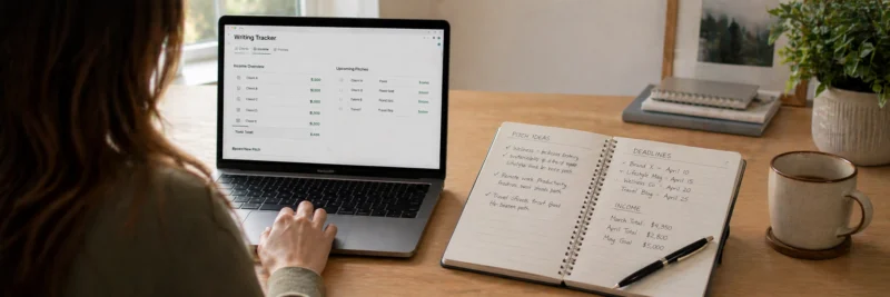 Laptop and planner showing paid writing gigs, pitch notes, and income tracking
