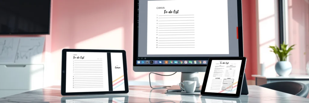 How to Make Money Online with Etsy: 22 Digital Products to Win Big! 8 Photorealistic 8K image of a monitor showing Canva to-do list, tablet with Placeit mockup, and mug on a marble desk in a pink-walled office with design icons