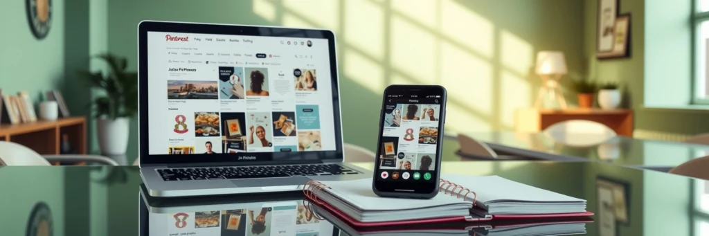 How to Make Money Online with Etsy: 22 Digital Products to Win Big! 10 Photorealistic 8K image of a laptop showing Pinterest board, smartphone with Instagram reel, and planner on a glass desk in a green-walled office with promotion icons