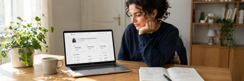 Woman at a home desk using a laptop to set up freelance side gigs
