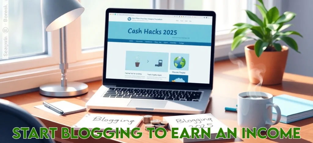 How to Start a Blog in 2025: Easy Beginner’s Guide 2 Cozy home office desk with a laptop showing a WordPress blog homepage for 'cash hacks,' a notepad with 'Blogging 2025' written in bold, a coffee mug, and a small stack of coins, capturing the beginner’s guide to starting a blog in 2025