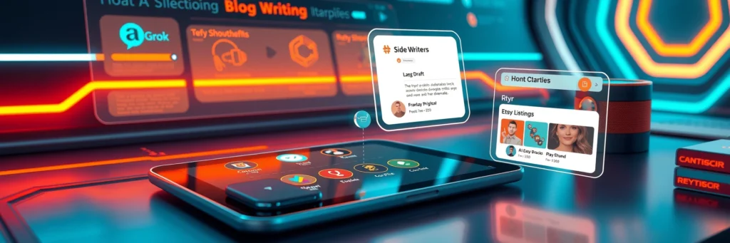 Start AI Writing Side Hustle: Amazing AI Writing is Your 2025 Money Magnet 3 Futuristic tablet displaying AI writing tools like Grok and ChatGPT, with blog drafts, symbolizing tool selection for a 2025 side hustle.