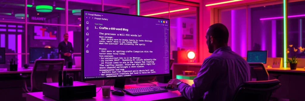 Start AI Writing Side Hustle: Amazing AI Writing is Your 2025 Money Magnet 4 Digital workspace with an AI prompt crafting a blog on a screen, with keywords, symbolizing prompt mastery for a 2025 writing hustle.