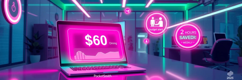 AI Budget Tools: Track and Save Smarter in 2025 5 Financial hub with PocketSmith showing dining overspend, symbolizing AI-driven spending tracking for 2025 savings.