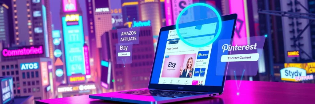 Start AI Writing Side Hustle: Amazing AI Writing is Your 2025 Money Magnet 5 Content hub with AI-generated blog and Etsy listing on a laptop, with affiliate links, symbolizing converting content for a 2025 hustle.