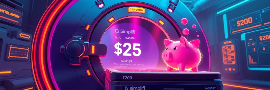AI Budget Tools: Track and Save Smarter in 2025 6 Savings vault with Simplifi auto-transferring funds on a tablet, symbolizing AI-driven savings automation for 2025.