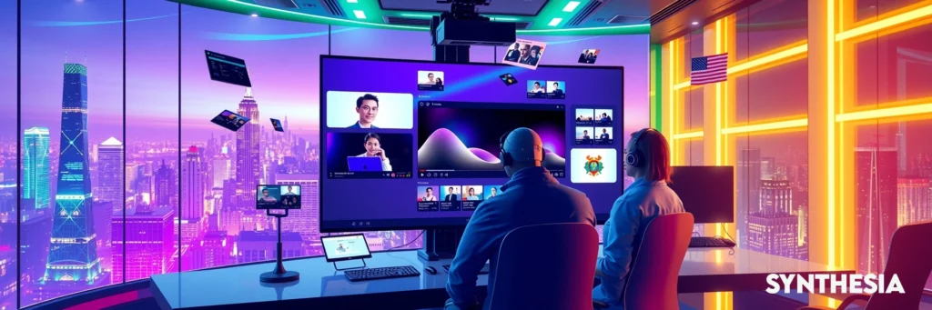 AI Tools for Productivity: Top Picks to Save Time in 2025 6 High-tech video suite with Synthesia AI avatars crafting a pitch video, set against a 2025 skyline for productive video creation