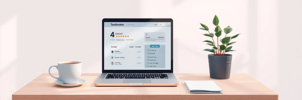 Make Money Writing Online: 10 Websites That Pay You To Write 5 Minimalist workspace with a laptop on Textbroker, earning paid writing gigs with a 4-star rating.