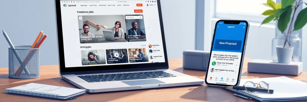 Make Money Writing Online: 10 Websites That Pay You To Write 4 Freelancer’s desk with a laptop on Upwork’s job board, landing freelance writing jobs in 2025.