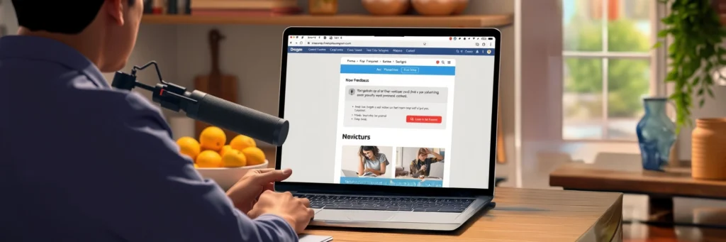 Get Paid to Test Websites Online: 12 Best Companies to Earn Cash Testing Websites Online 5 Person recording feedback to get paid to test websites online, using a laptop and microphone in a cozy kitchen.