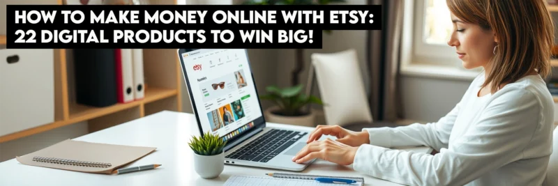 A focused woman working on her laptop to create digital products for her Etsy shop in a modern home office.