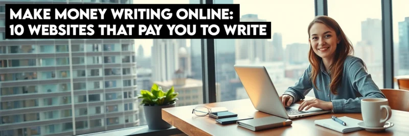 Woman-freelance-writing-online-cafe-city | Thesidehustler.blog Freelance Woman Writing Online in a Café with Tablet Showing Rising Earnings, Illustrating Making Money Writing Online