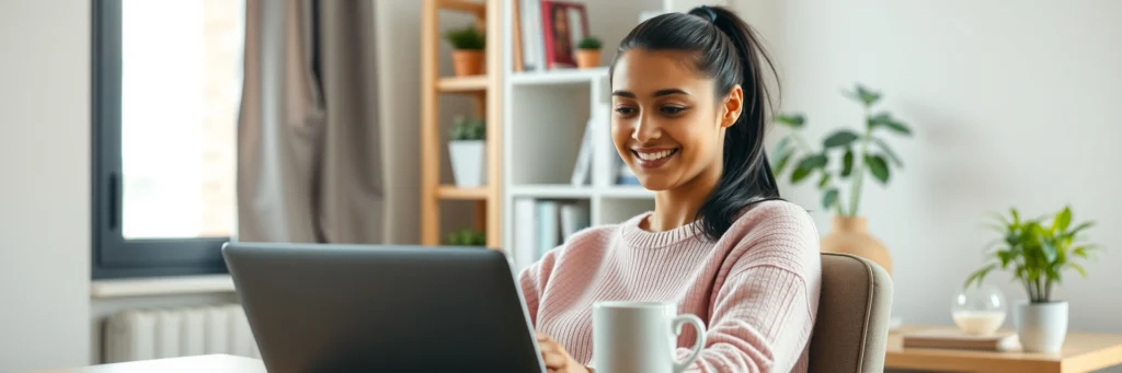 Woman Freelancing from Home with a Laptop, Representing Flexible Freelance Side Hustles