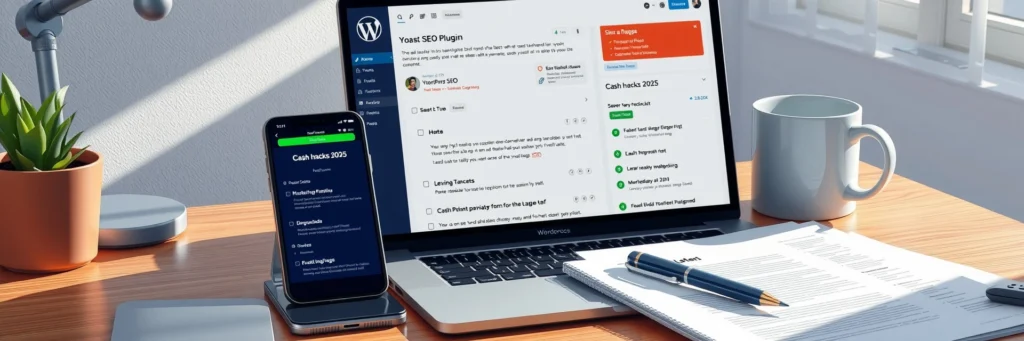 How to Start a Blog in 2025: Easy Beginner’s Guide 5 Modern desk with a laptop open to a WordPress dashboard, Yoast SEO plugin active, a smartphone showing a live blog post, and a pen on a draft, showcasing how to kick off a blog with WordPress in 2025