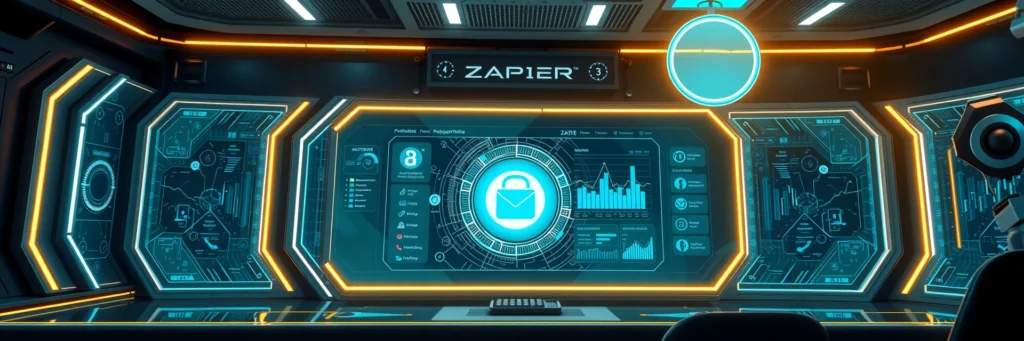 AI Tools for Productivity: Top Picks to Save Time in 2025 7 Futuristic Zapier AI dashboard automating workflows with connected apps, set in a 2025 tech hub for productivity