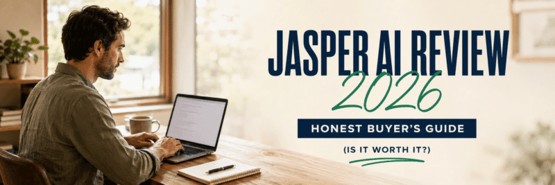 Man reading a Jasper AI review on his laptop at a home desk