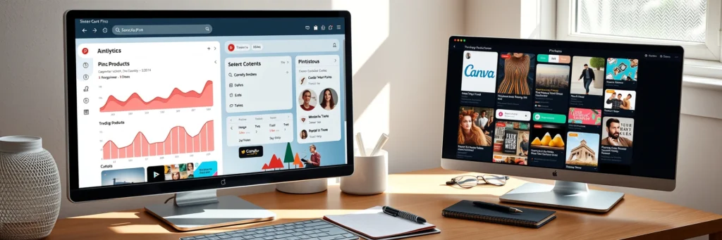 10 Amazing High-Profit Digital Products You Can Create in a Weekend: Pinterest Seller's Guide for 2025 7 Organized digital workspace showing multiple design tools open simultaneously with template libraries and design assets