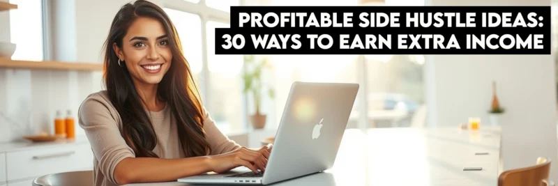 A woman happily working from home to find profitable side hustle ideas.