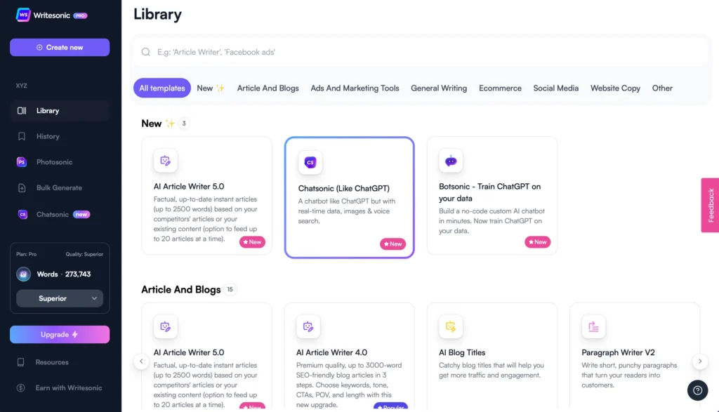 Writesonic Review: Best AI Writing Tool for Content Creators in 2025? 4 Writesonic review dashboard screenshot.