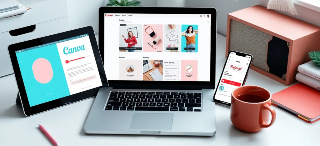 10 Amazing High-Profit Digital Products You Can Create in a Weekend: Pinterest Seller's Guide for 2025 2 Digital products creation workstation with laptop, tablet showing design software, and Pinterest analytics on screen.