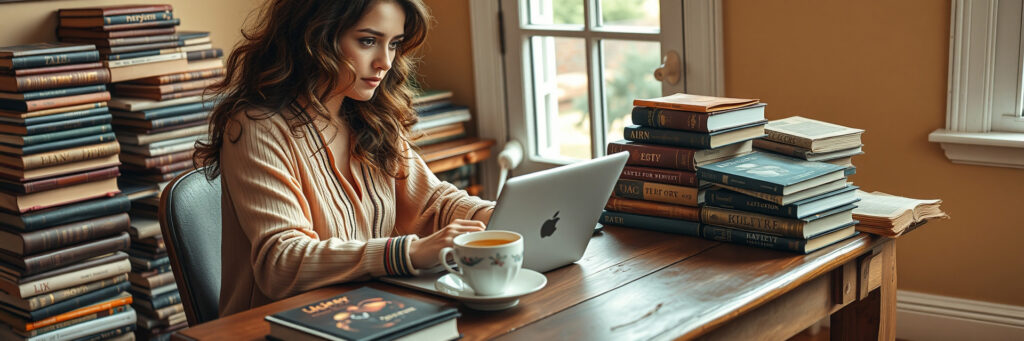 Author Writing and Publishing Ebook on Laptop in Cozy Home Office Surrounded by Books