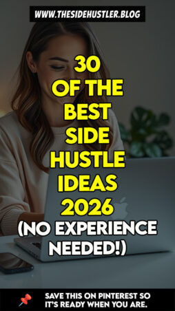 A beginner side hustler smiling at her laptop in a cozy home office.