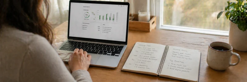 Laptop and planner on a desk showing a beginner side hustle launch plan and income tracker