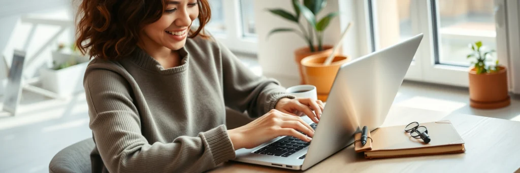 Female Blogger Writing Pinterest-optimized Content on Laptop in Bright Workspace