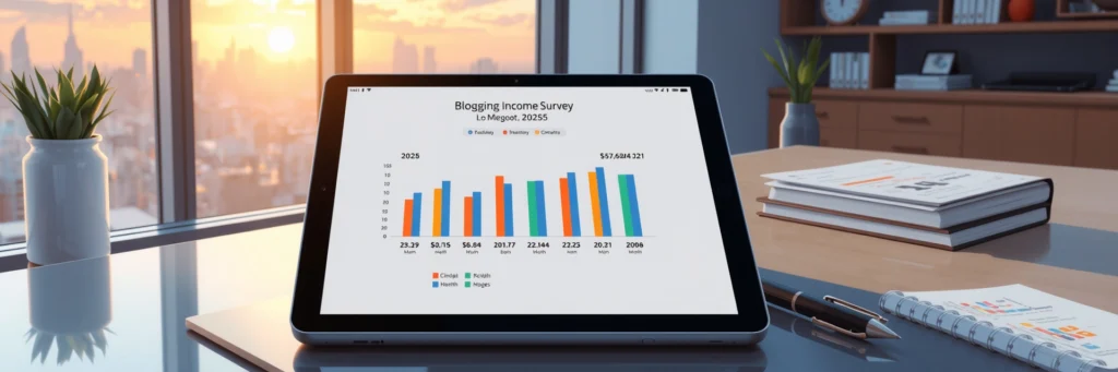 Blog Monetization Methods Comparison 2025 Results: 5 Proven Strategies Tested 3 Tablet showing 2025 blogging income survey results in a modern workspace