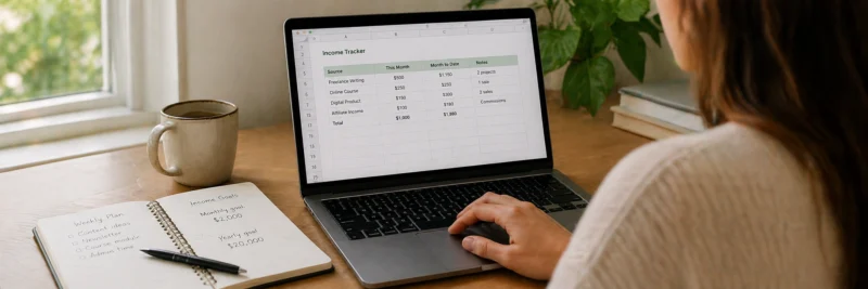 Laptop and planner on a desk used to track extra income opportunities from side hustles